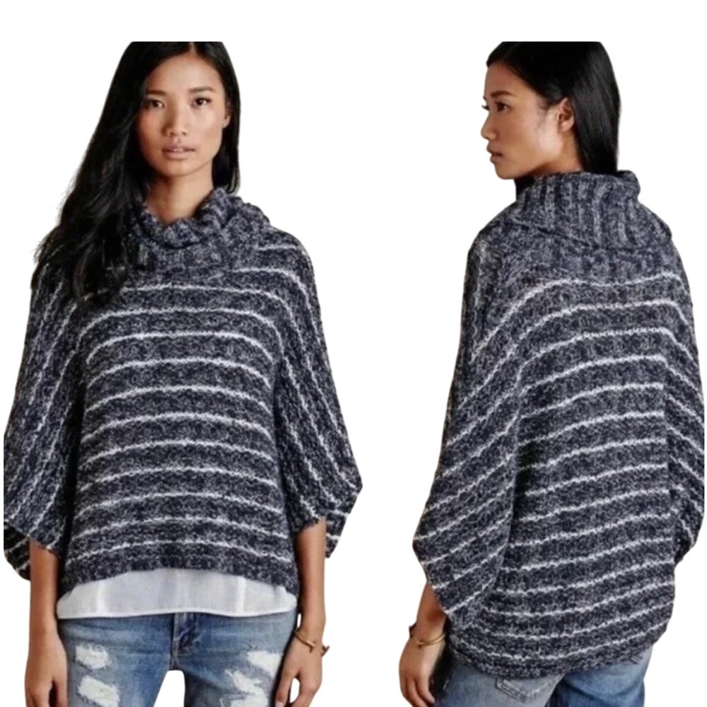 Moth Anthropologie Knit Sweater Neutral Gray Stripe XS/S Cozy Chunky Cabincore